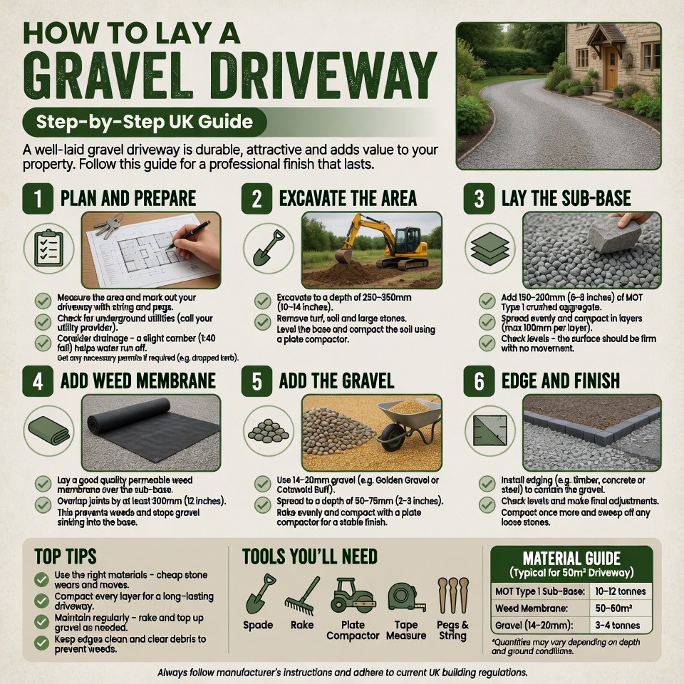 Infographic showing a step-by-step UK guide on how to lay a gravel driveway with tools and materials.